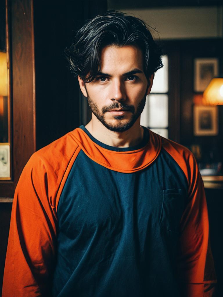 Man in Realistic Mine Costume Cosplay Wearing Blue and Orange Top
