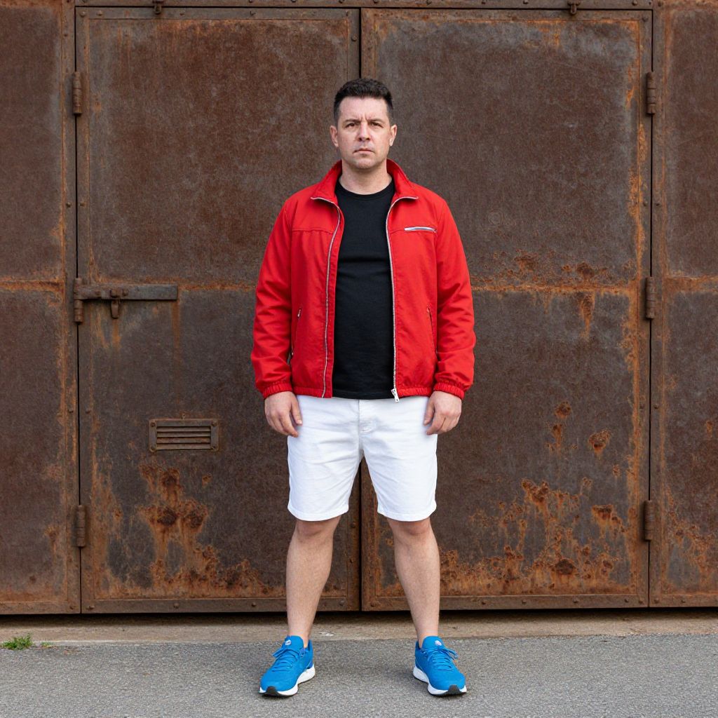 Man in Red Jacket and White Shorts Standing Against Rusty Metal Door