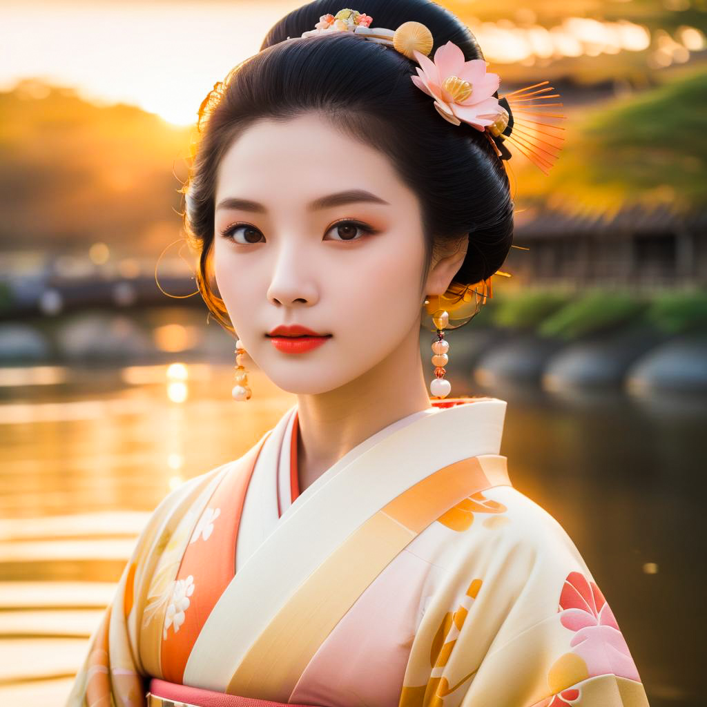 Young Woman in Kimono at Sunset