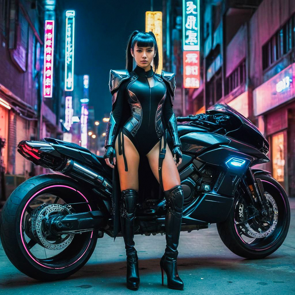 Futuristic Woman with High-Tech Motorcycle in Neon Alley Futuristic Woman with High-Tech Motorcycle in Neon Alley