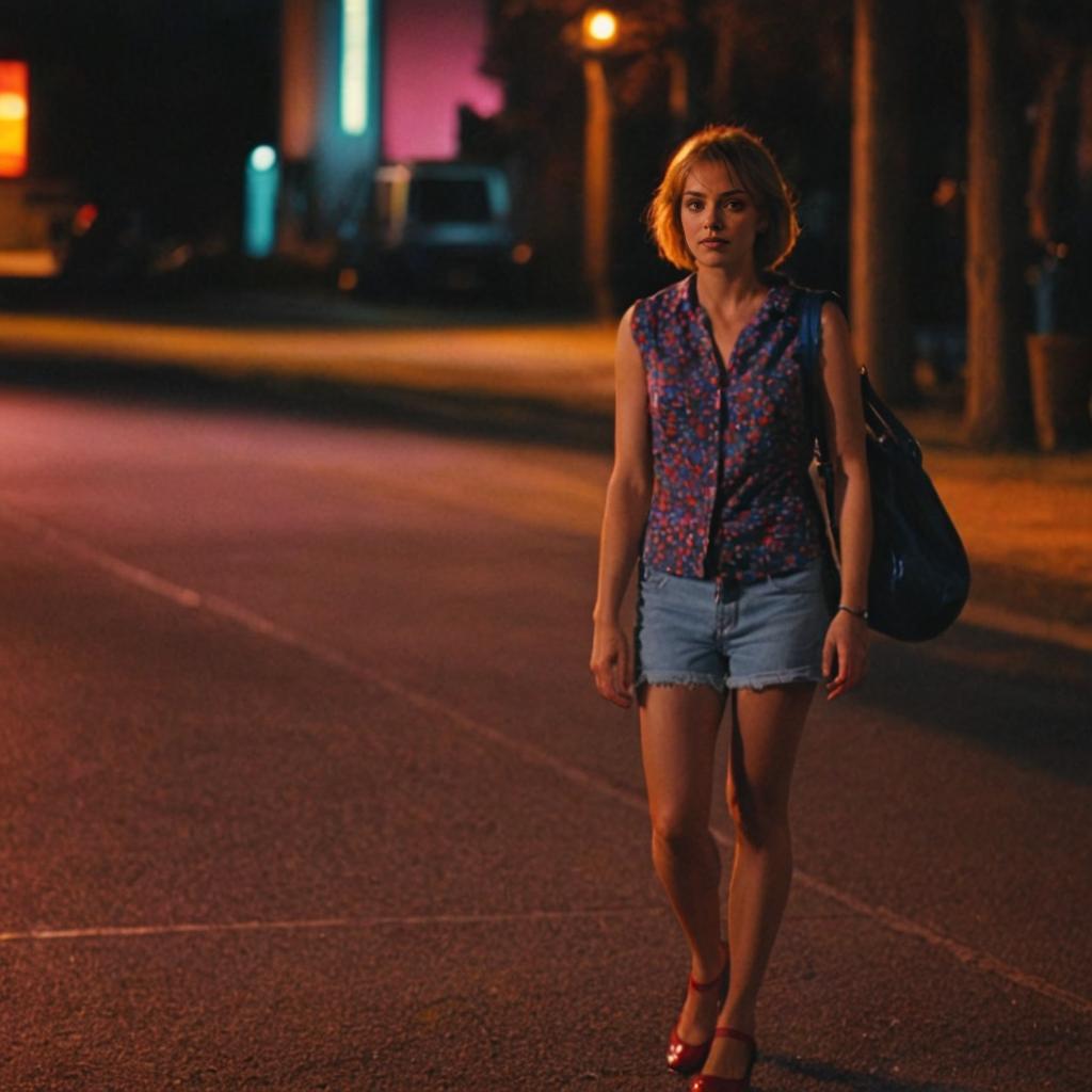 Thoughtful Woman Walking Alone at Night