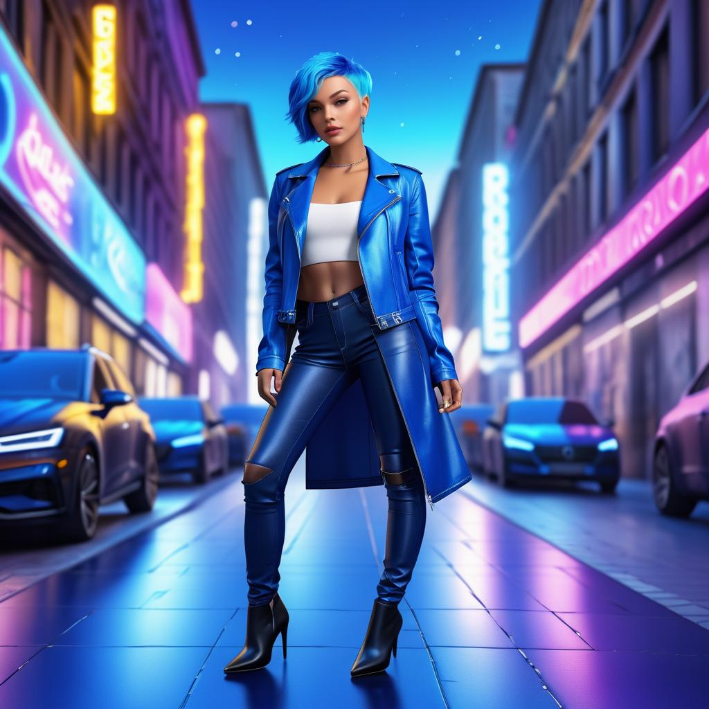 Confident Woman with Blue Hair in Urban Setting