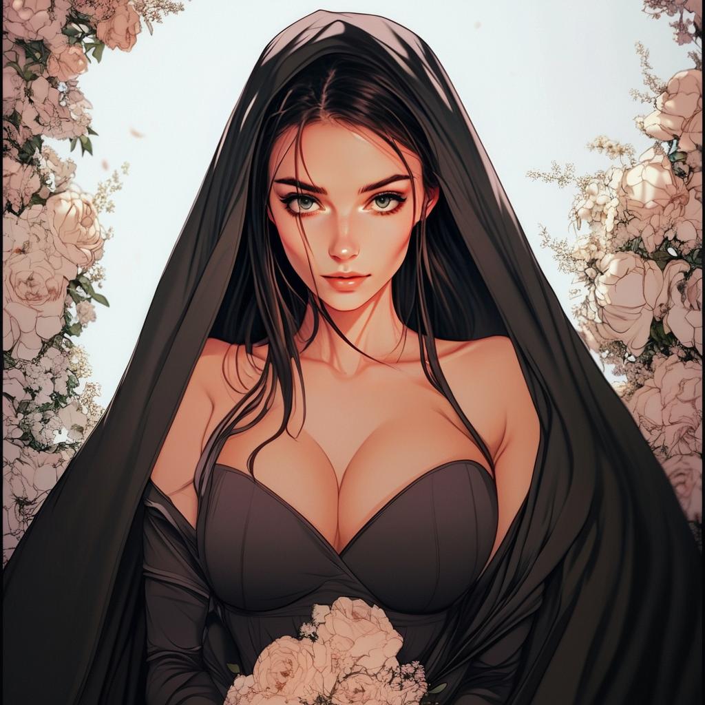 Anime Style Portrait of Woman in Black Veil with Floral Background