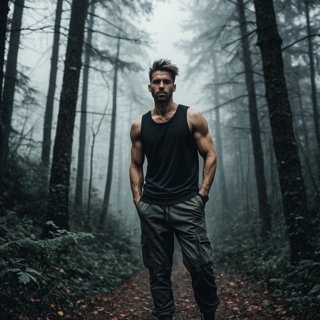 Muscular Man on Misty Forest Path