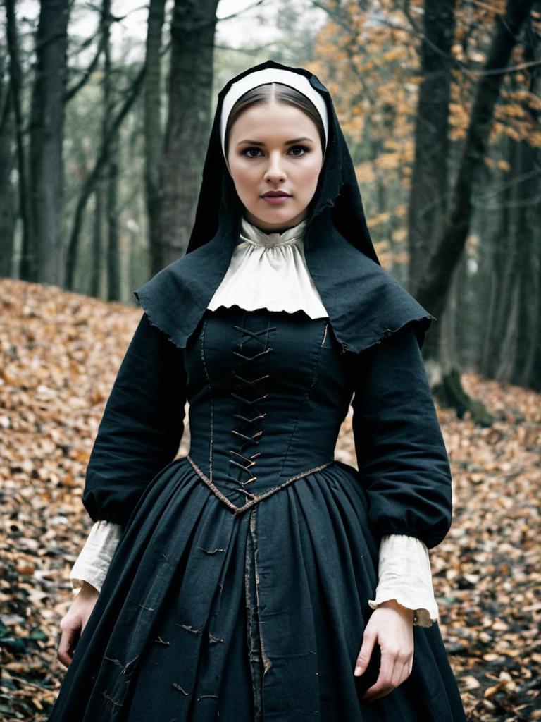 Young Woman in Traditional Nun Habit in Autumn Forest