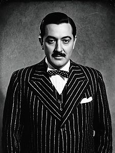 Man in Gomez Addams Costume Pinstripe Suit Black and White Portrait