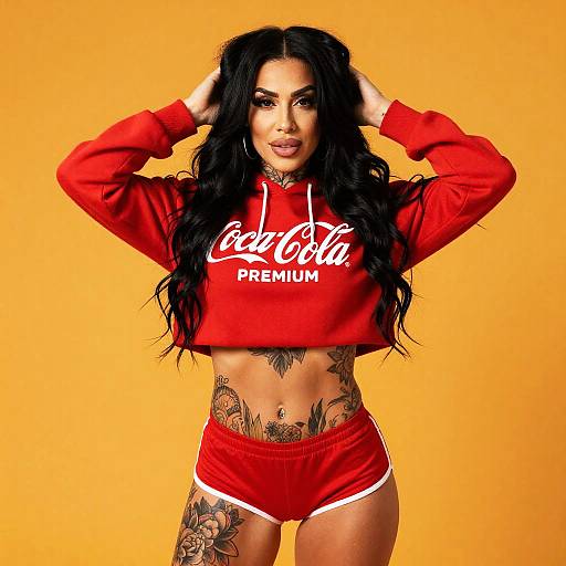 Woman in Red Coca-Cola Premium Crop Hoodie and Athletic Shorts with Tattoos