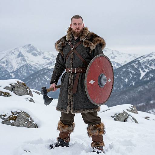 Viking Warrior in Fur Cloak Holding Axe and Shield in Snowy Mountains