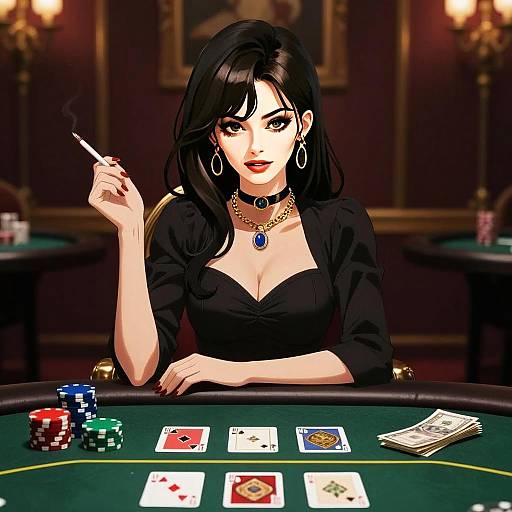 Elegant Woman Playing Poker at Casino Table Digital Illustration