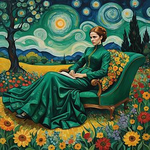 Woman in Green Gown on Chaise Lounge in Flower Field