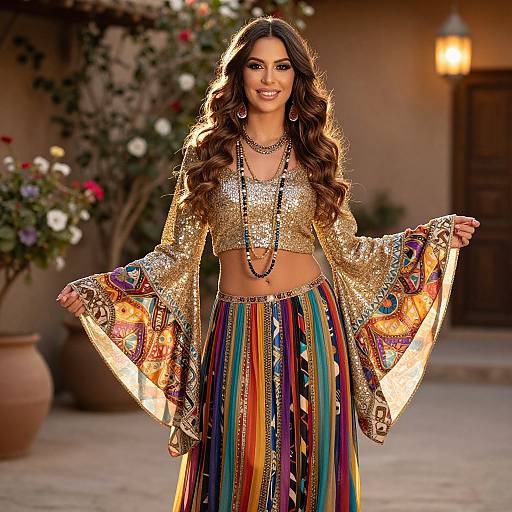 Bohemian Woman in Gold Sequin Crop Top and Colorful Striped Skirt Outdoors
