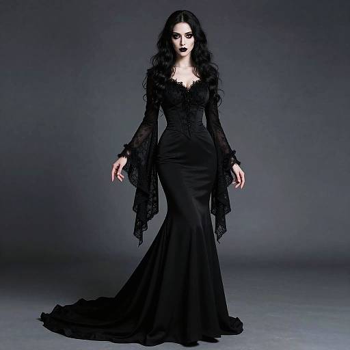 Elegant Woman Wearing Black Gothic Dress with Lace Bell Sleeves