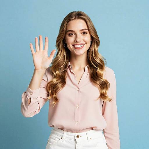Friendly Young Woman Waving in Pink Blouse Against Blue Background