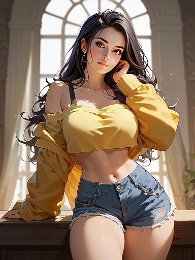 Hyper-Realistic Anime Woman in Yellow Crop Top and Denim Shorts