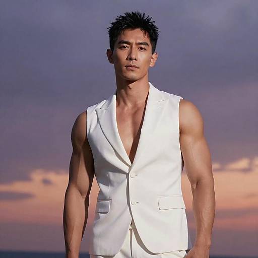 Stylish Young Man in Sleeveless White Suit Vest at Sunset