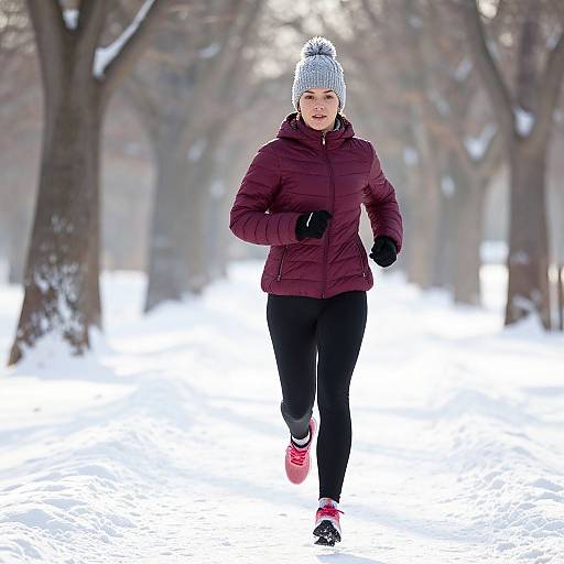 Woman Jogging Outdoors in Winter Snow Wearing Maroon Jacket