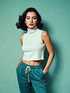 Woman in Minimalist White Sleeveless Turtleneck Crop Top with Relaxed Teal Pants