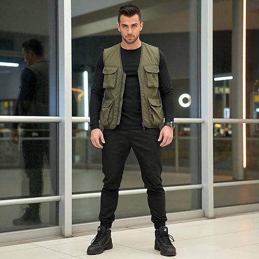 Man Wearing Olive Green Utility Vest and Black Joggers Standing Indoors