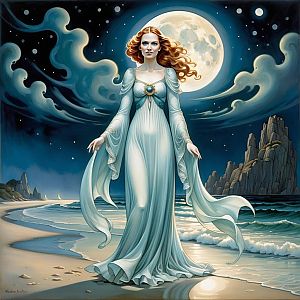 Serene Woman in Ethereal Robes on Moonlit Beach