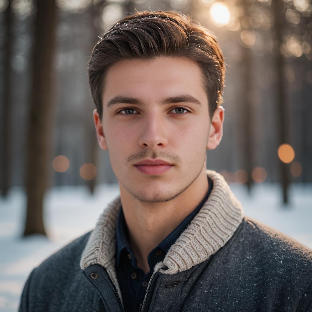 Confident Young Man in Winter Forest