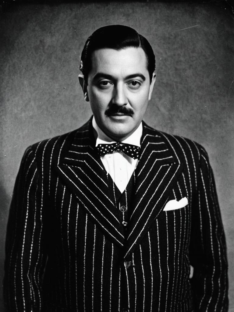Man in Gomez Addams Costume Pinstripe Suit Black and White Portrait