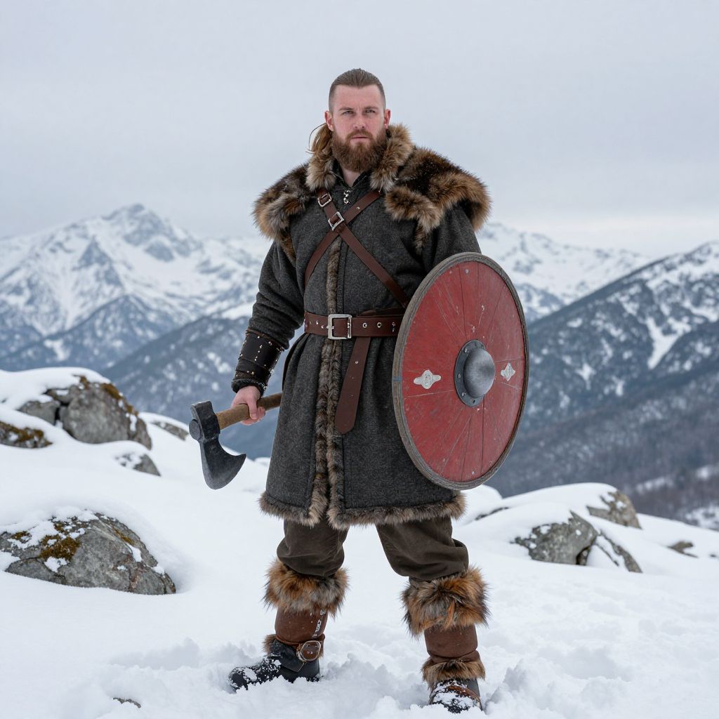 Viking Warrior in Fur Cloak Holding Axe and Shield in Snowy Mountains