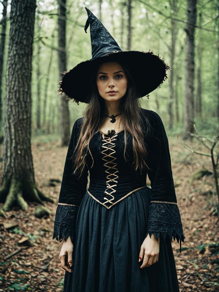 Woman in Woodland Witch Costume Photorealistic Outdoor Portrait