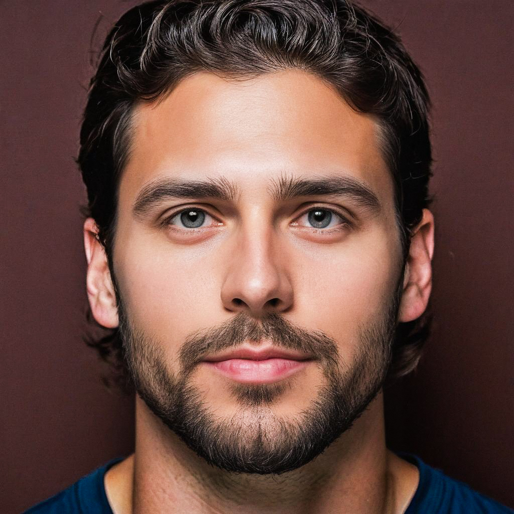 Close-up portrait of a young man with blue eyes and dark hair