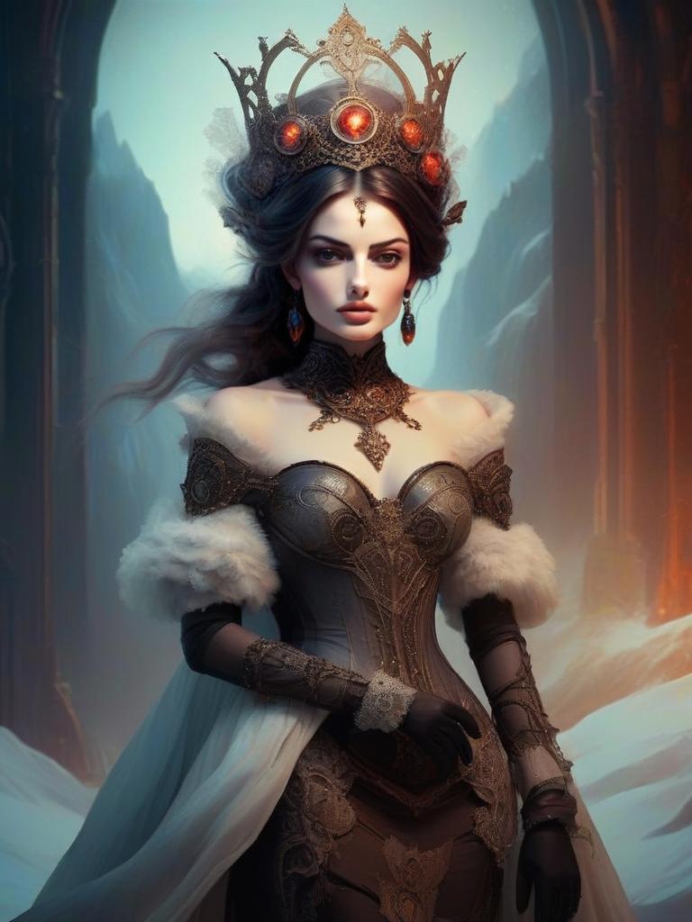 Regal Woman in Dark Corset Gown with Crown