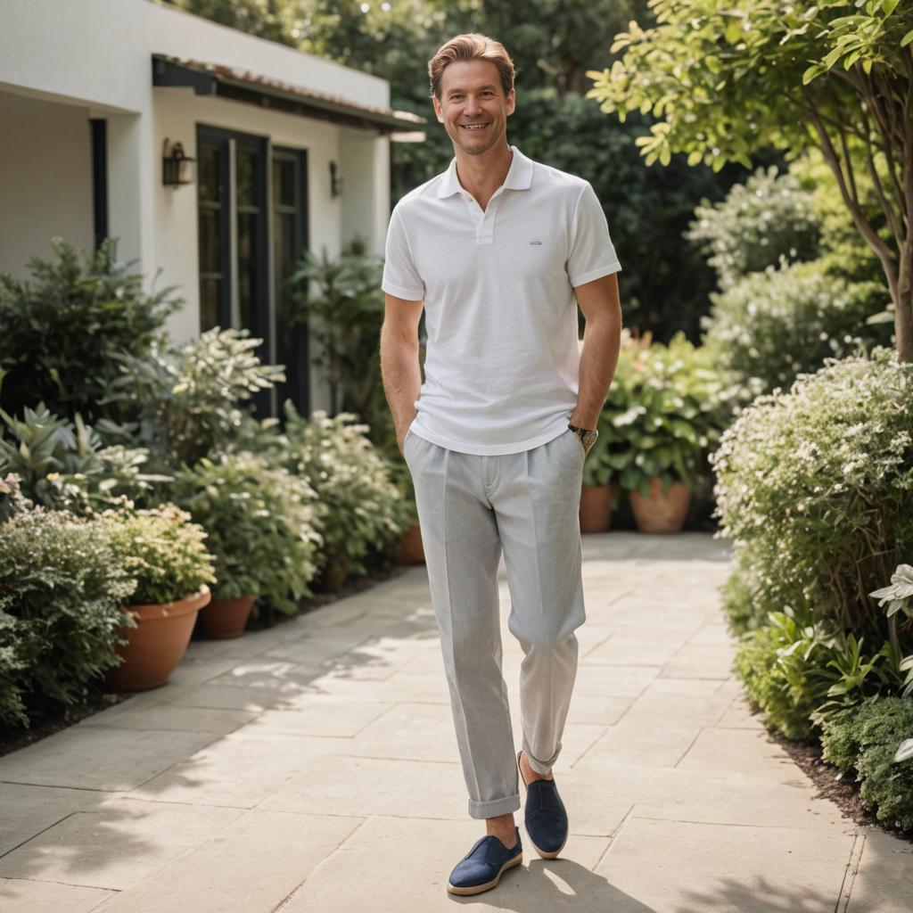 Man Strolling in a Lush Garden