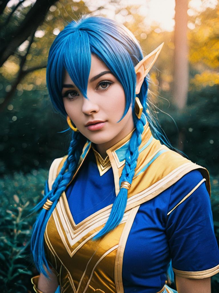 Close-Up of Woman in Blue and Gold Fantasy Cosplay Costume with Elf Ears