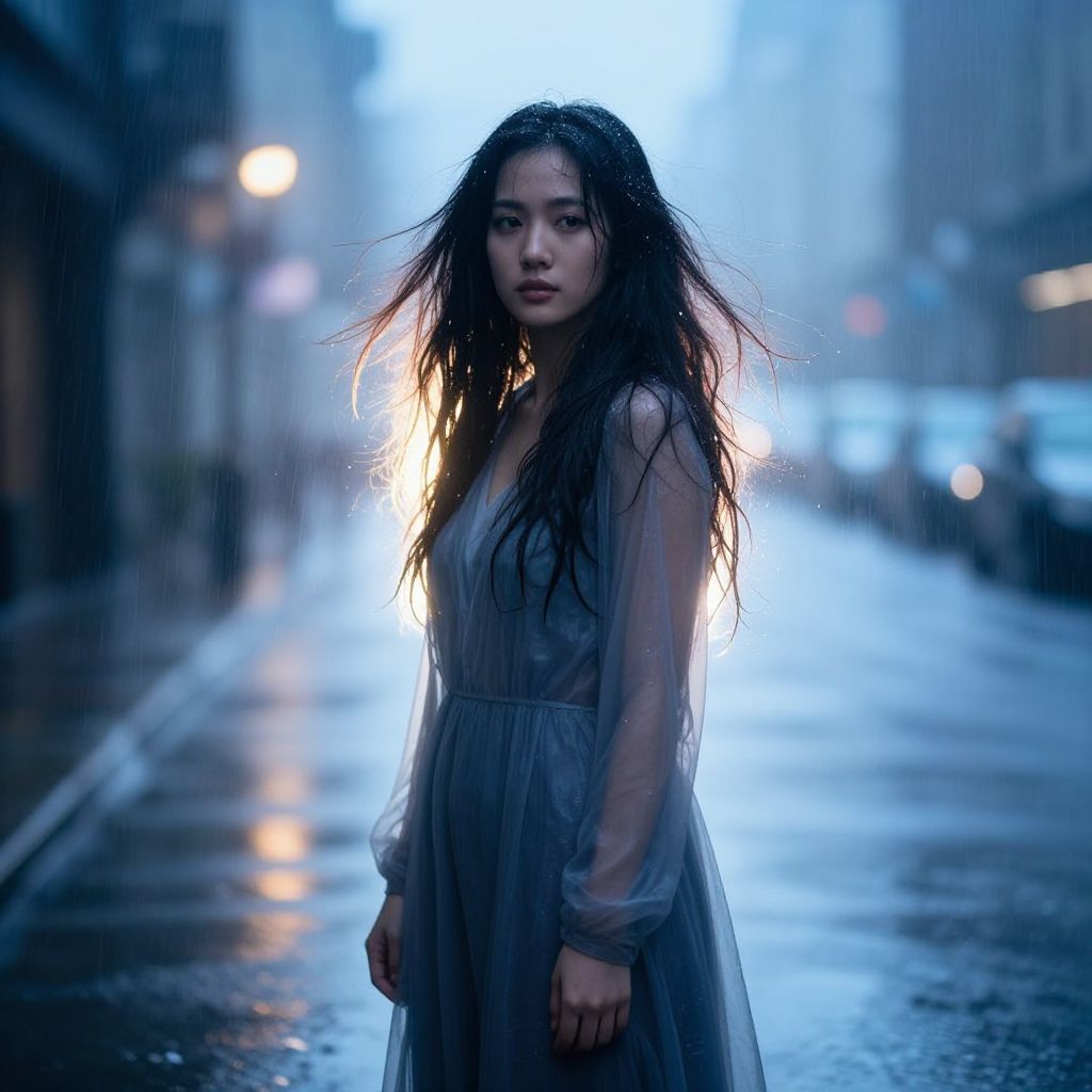 Moody Portrait of Woman in Blue Dress on Rainy City Street