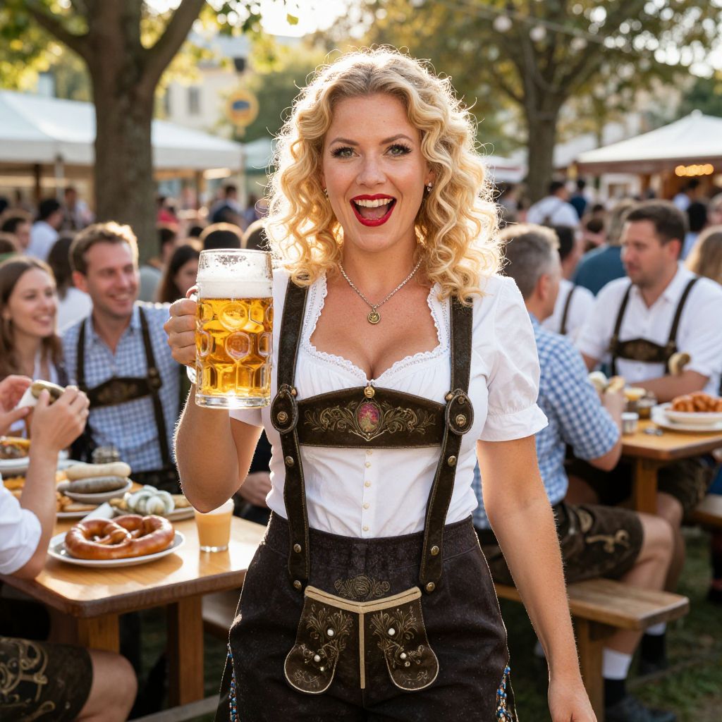 Bavarian Woman Celebrating with Beer at Outdoor Oktoberfest Festival