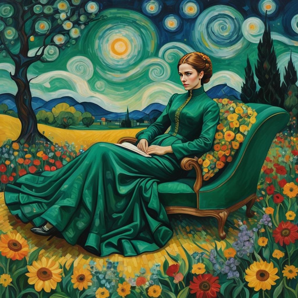 Woman in Green Gown on Chaise Lounge in Flower Field Woman in Green Gown on Chaise Lounge in Flower Field