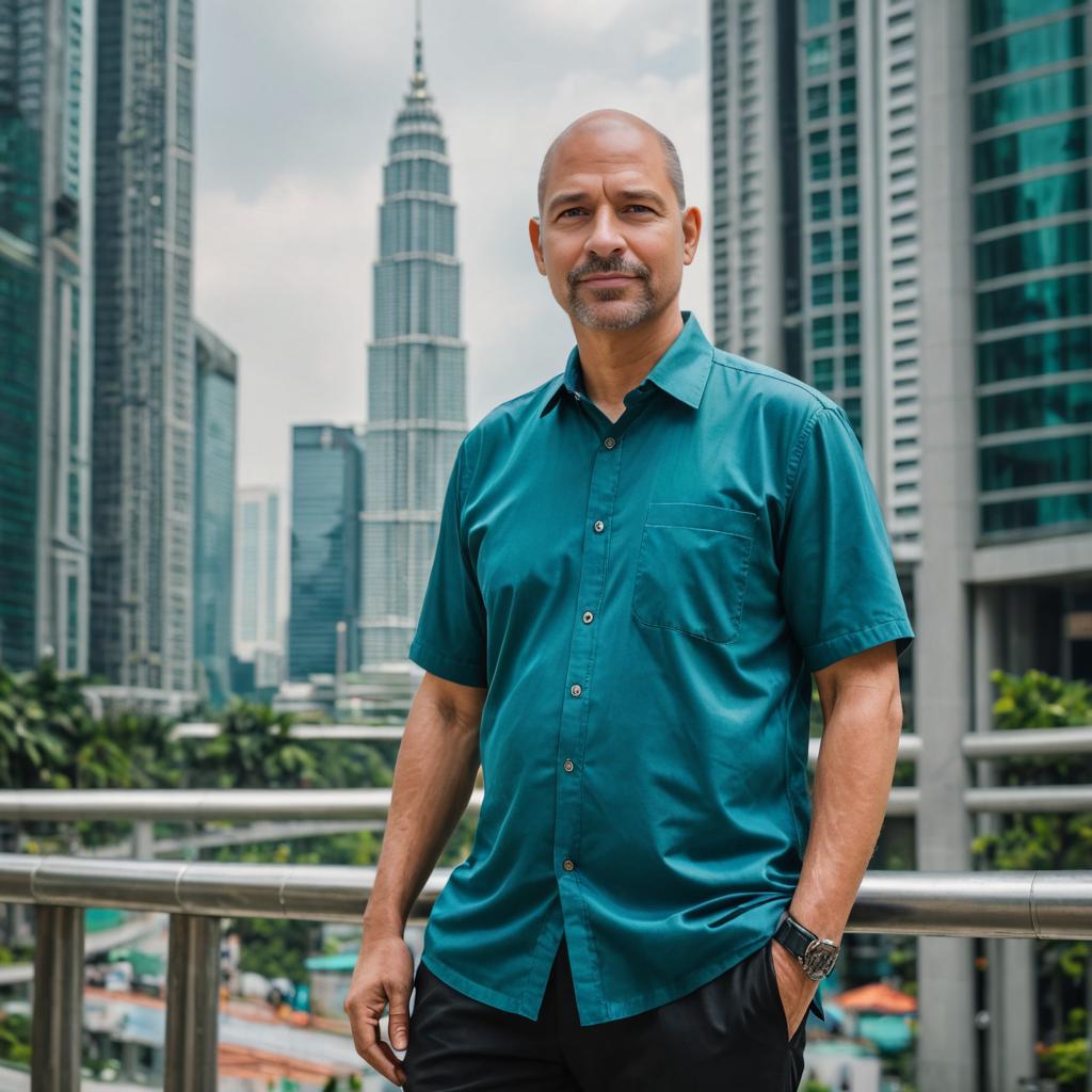 Confident Man on Balcony with Petronas Towers