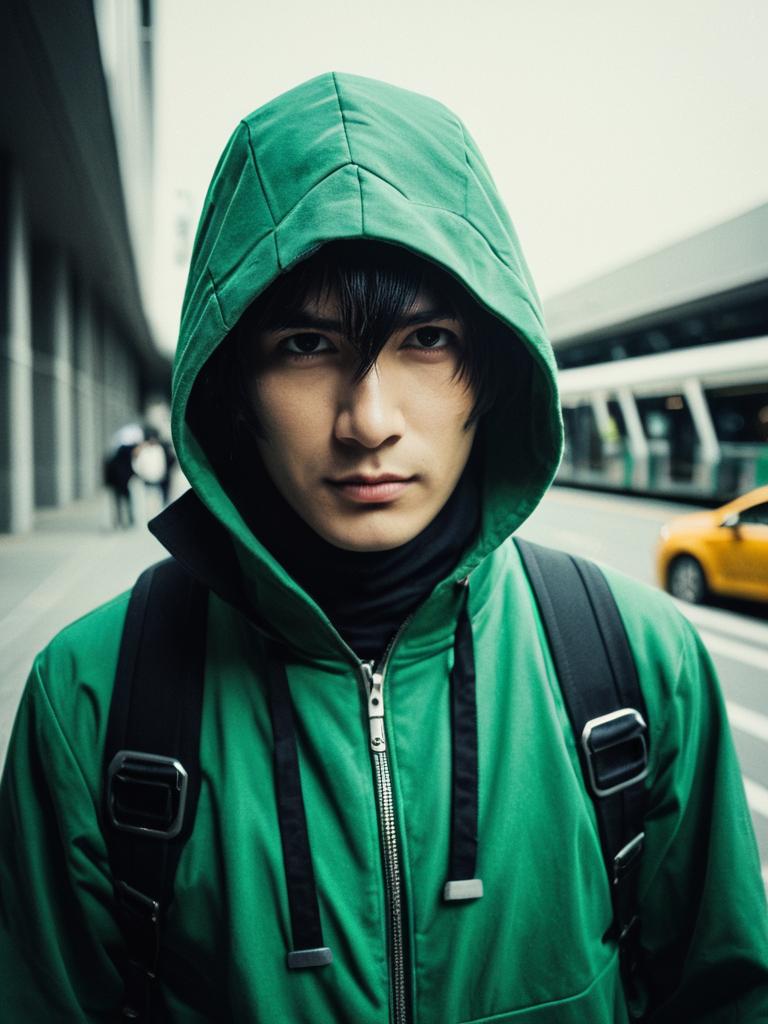 Man in Green Hoodie Realistic Cosplay Character Photo