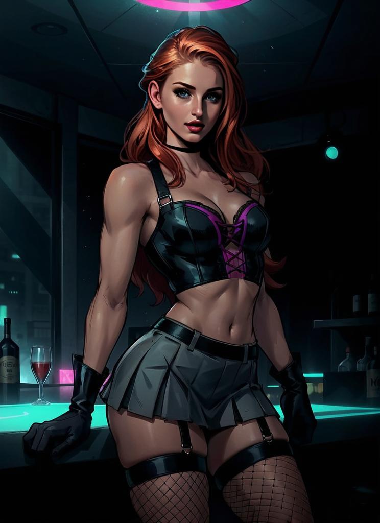 Red-Haired Woman in Black Leather Corset and Fishnet Stockings in Cyberpunk Bar