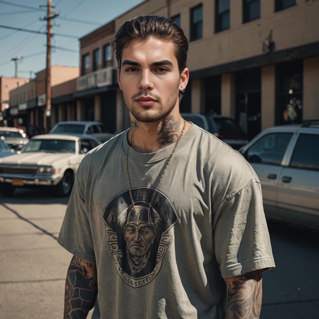 Stylish Tattooed Man with Native American Chief Print T-Shirt