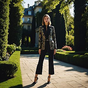 Stylish Woman in Elegant Garden with Black and Gold Blazer