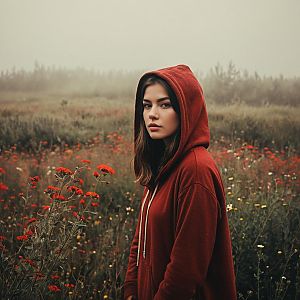 Young Woman in Red Hoodie Standing in Foggy Wildflower Field
