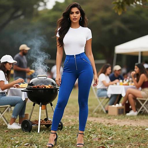 Woman Wearing Fitted High Waist Blue Trousers in Hero Style at Outdoor Barbecue