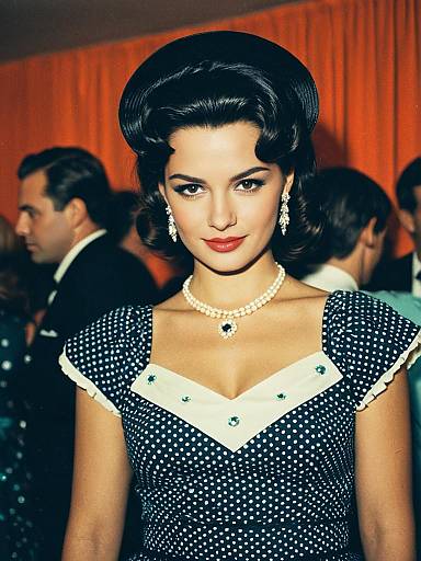 Woman in Retro 1950s Polka Dot Party Dress Costume Waist Up Editorial Portrait