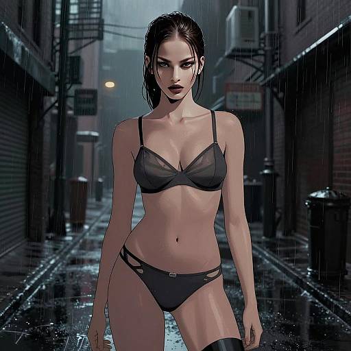 Stylized Digital Art of Woman in Black Lingerie in Rainy Urban Alley