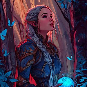 Fantasy Elf Woman in Blue Armor with Magical Orb in Enchanted Forest