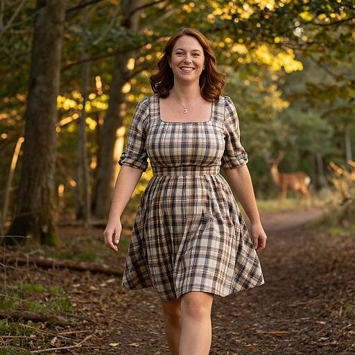 Woman Walking in Forest Path with Deer in Background
