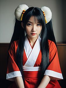 Woman Cosplay Wearing Traditional Red and White Kimono with Twin Hair Buns