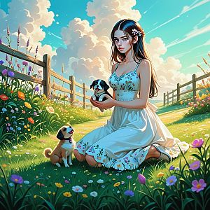 Young Woman with Puppies in Flower Meadow