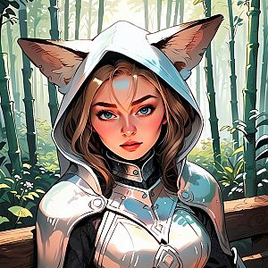 Young Woman in Armor with Cat Ears in Bamboo Forest