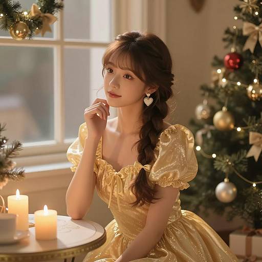 Young Woman in Shimmering Gold Dress Posing Elegantly by Christmas Tree with Candles
