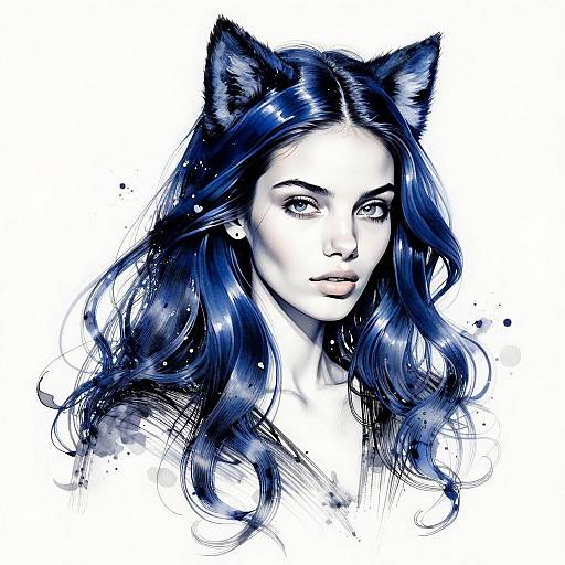 Digital Artwork of Woman with Blue Hair and Cat Ears in Fantasy Style
